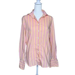 Lands' End Button Down Blouse M Striped Shirt Pink Yellow White Classic Preppy